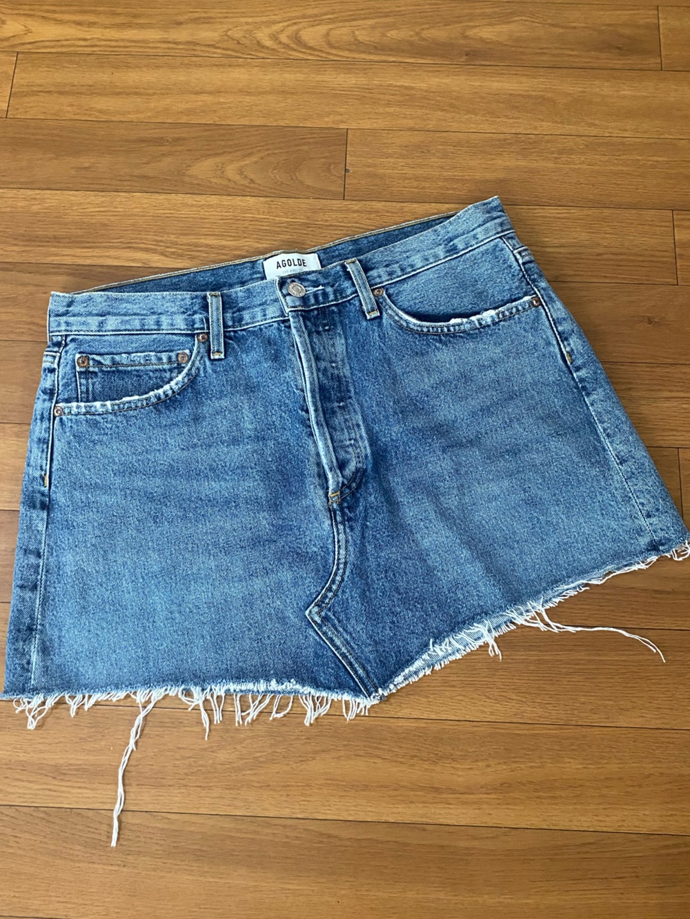 Agolde Medium Blue Frayed Denim skirt | size 29